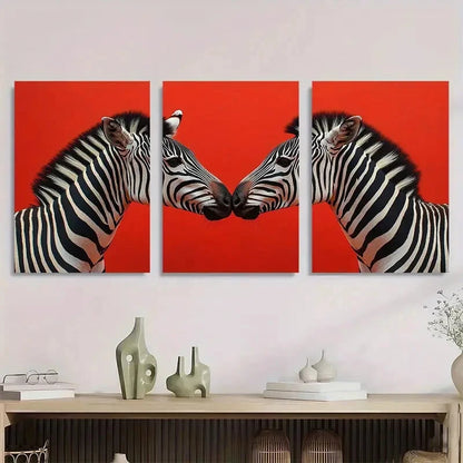 3pcs Black & White Zebras on Red Metal Print Ready to Hang Art