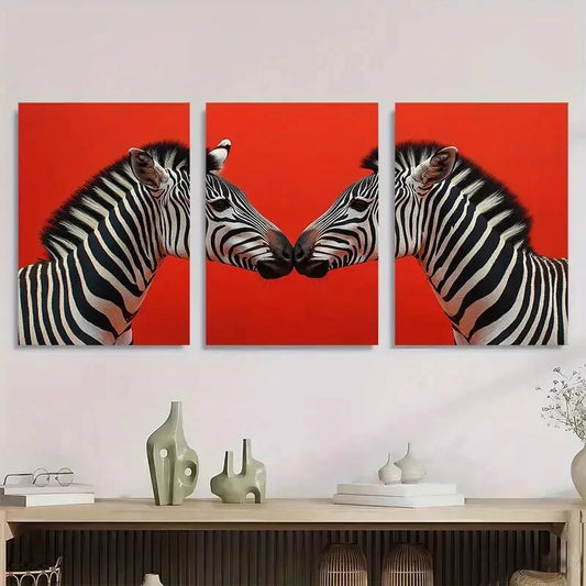 3pcs Black & White Zebras on Red Metal Print Ready to Hang Art