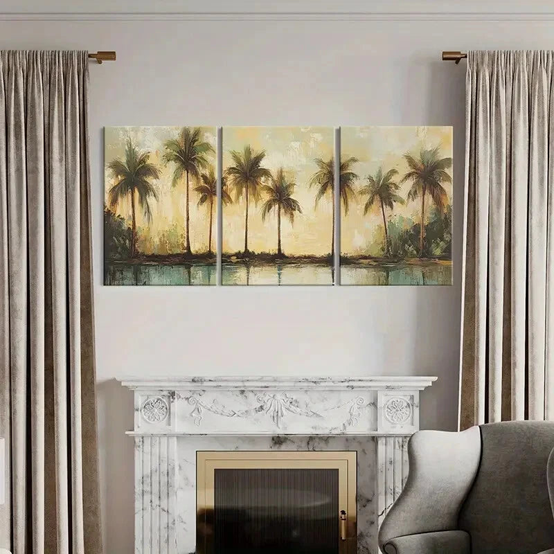 3pcs Tropical Palm Trees Sunset Reflection Metal Print Ready to Hang Art