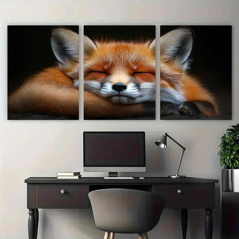 3pcs Sleeping Fox in Black Background Metal Print Ready to Hang Art