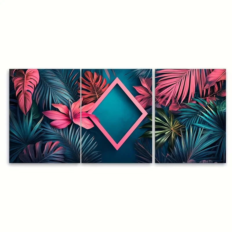 3pcs Pink Teal Triangle Print with Exotic Foliage Metal Print Ready to Hang Art