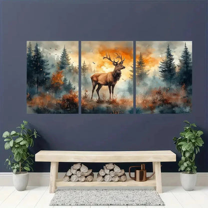 3pcs Autumn Woodland Scene with Majestic Deer Metal Print Ready to Hang Art