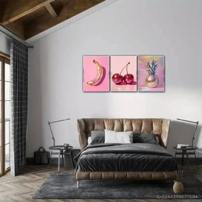 3pcs Cherry Pineapple Banana Disco Ball Fruit Wall Art Metal Print Ready to Hang