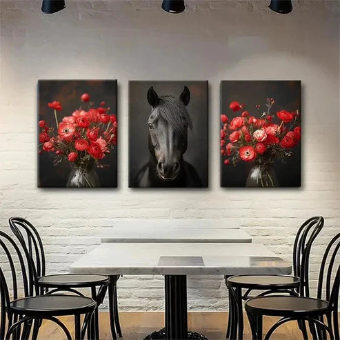 3pcs Majestic Black Horse and Red Floral Perfect Wall Art Set Canvas Unframed - High Quality Print 100% Australian Made Wall Canvas