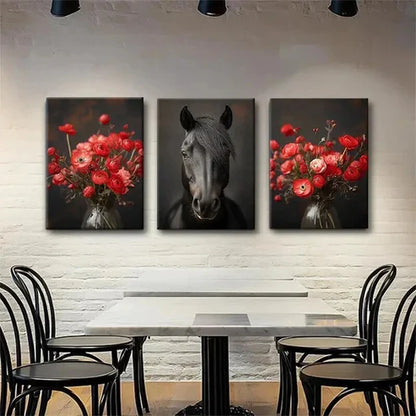 3pcs Majestic Black Horse and Red Floral Perfect Wall Art Set Canvas Unframed - High Quality Print 100% Australian Made Wall Canvas