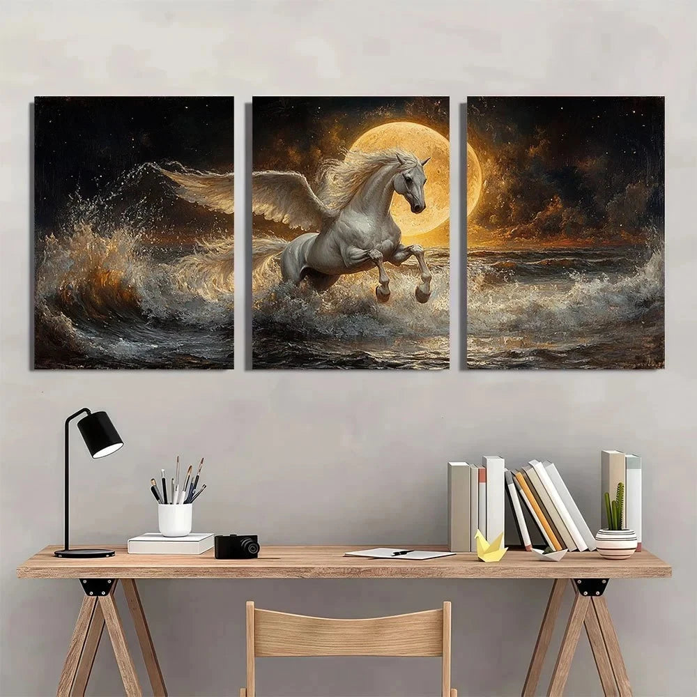 3pcs Pegasus Under Moon Oil Painting Metal Print Ready to Hang Art