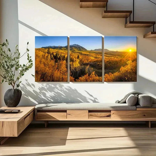 3pcs Autumn Forest Mountains Sunset Wall Art Set Canvas Framed 40x60cm - High Quality Print 100% Australian Made Wall Canvas Ready to Hang