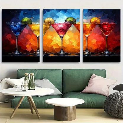 3pcs Vibrant Martini Abstract Modern Cocktail Metal Print Ready to Hang Art