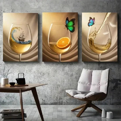 3pcs Glass, Splash, Butterfly, Ship, Orange   Wall Art Set Canvas Framed 60x90cm - High Quality Print 100% Australian Made Wall Canvas Ready to Hang