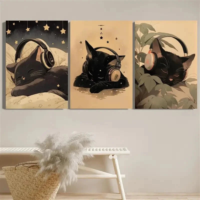 3pcs Animal Black Cat Wearing Headphones Metal Print Ready to Hang Art