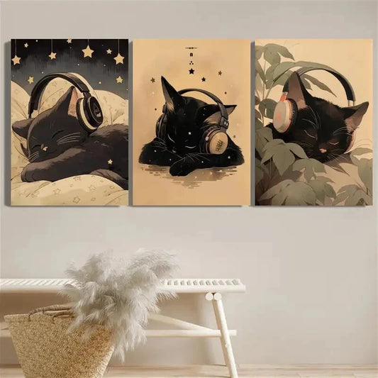 3pcs Animal Black Cat Wearing Headphones Metal Print Ready to Hang Art