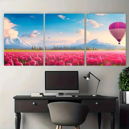 3pcs Pink Tulips Field with Hot Air Balloons Metal Print Ready to Hang Art