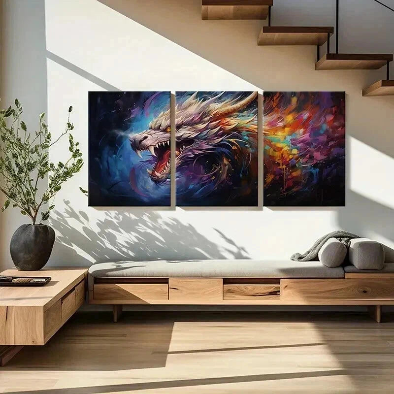 3pcs Abstract Dragon with Fiery Breath Wall Art Set Canvas Framed 40x60cm - High Quality Print 100% Australian Made Wall Canvas Ready to Hang