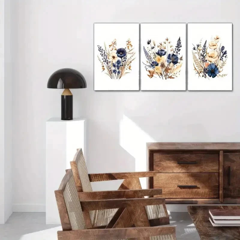 3pcs Dried Flower Prints Navy Blue Brown Metal Print Ready to Hang Art