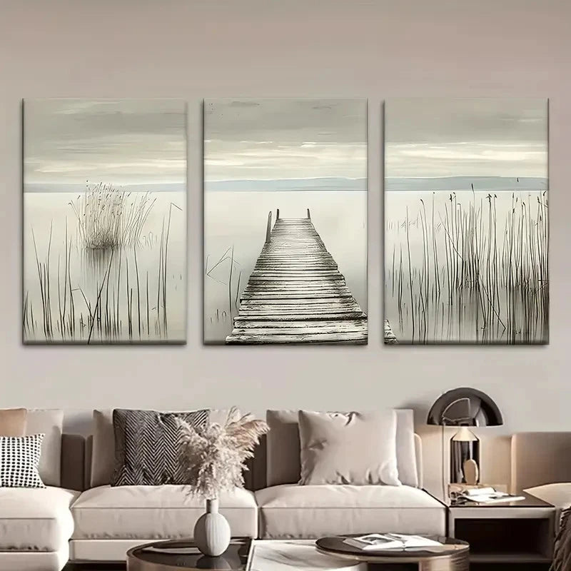 3pcs Reed Pier In The Fog Metal Print Ready to Hang Art