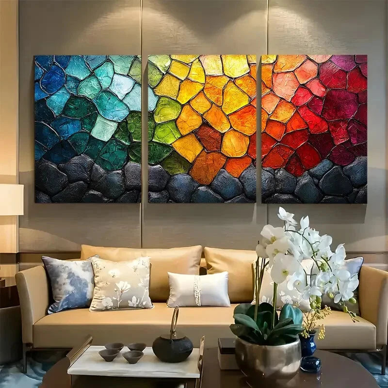 3pcs Mosaic Stained Glass Styled Design Metal Print Ready to Hang Art
