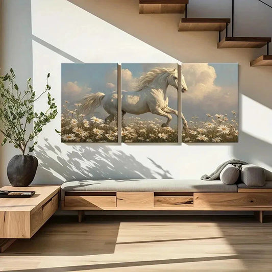 3pcs White Horse Running Through Daisy Field Metal Print Ready to Hang Art