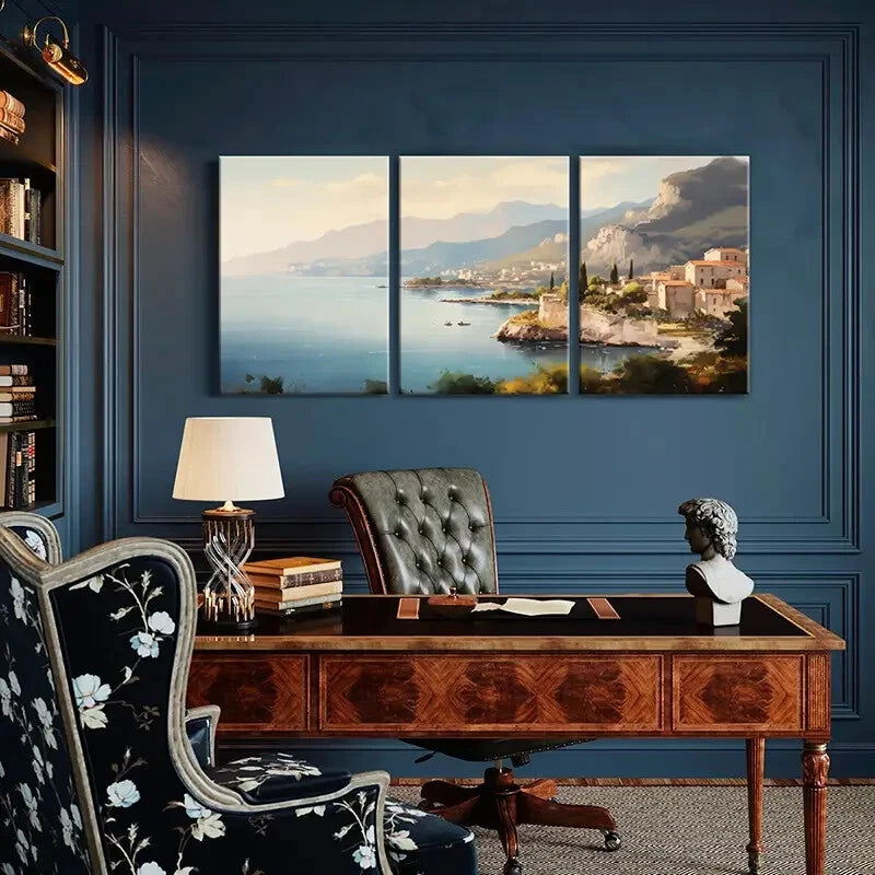 3pcs Mountain View Coastal Town Serene Waters Metal Print Ready to Hang Art