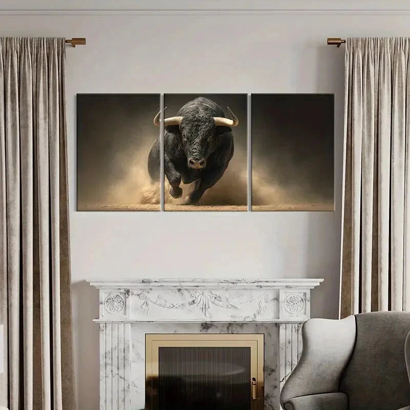 3pcs Black Bull Charge Dusty Arena Powerful Beast Metal Print Ready to Hang Art