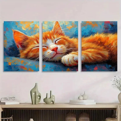 3pcs Vibrant Blue & Yellow Abstract Sleeping Cat Metal Print Ready to Hang Art