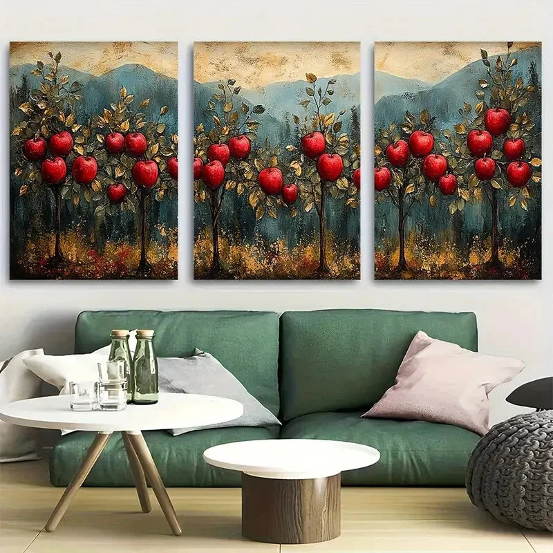 3pcs Crimson Apple Orchard Metal Print Ready to Hang Art