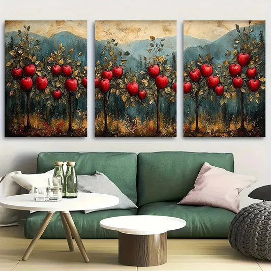3pcs Crimson Apple Orchard Metal Print Ready to Hang Art