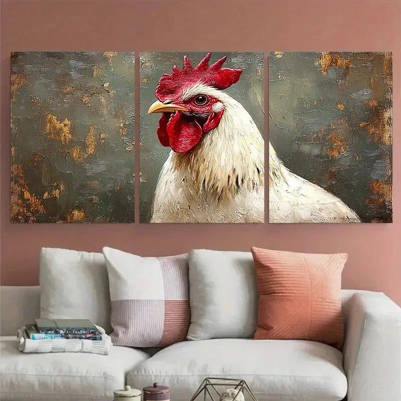 3pcs White Rooster Bird Farm Animals Illustration Metal Print Ready to Hang Art