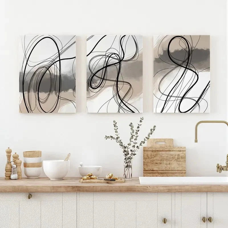 3pcs Modern Abstract Line Black & Grey Swirls Metal Print Ready to Hang Art