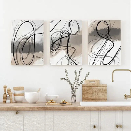 3pcs Modern Abstract Line Black & Grey Swirls Metal Print Ready to Hang Art