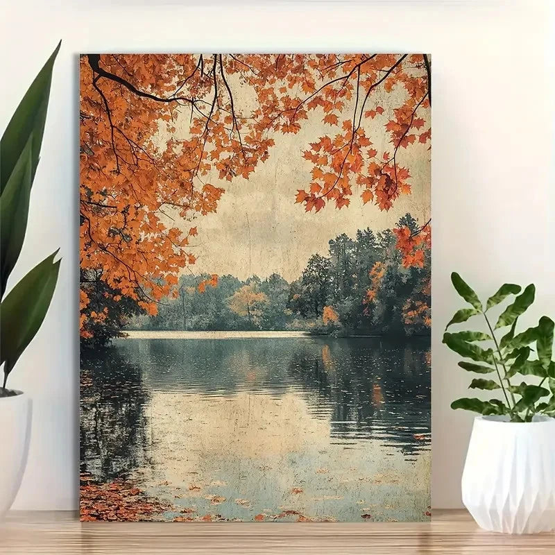 Beautiful Foliage Serene Lake Scene Painting 40x60cm Metal Print Ready to Hang