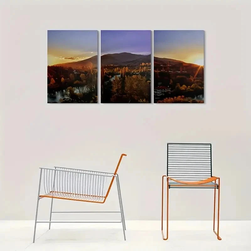 3pcs Golden Sunset Painting Scenery Metal Print Ready to Hang Art