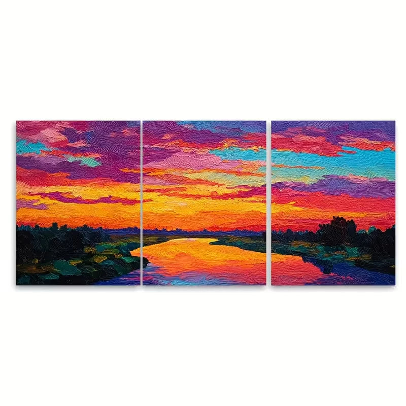 3pcs Bright Sunset Over The River, Metal Print Ready to Hang Art