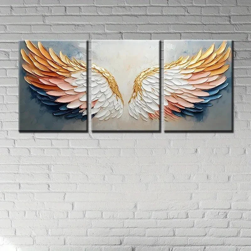 3pcs Angel Wings Golden and white Feather Design Metal Print Ready to Hang Art