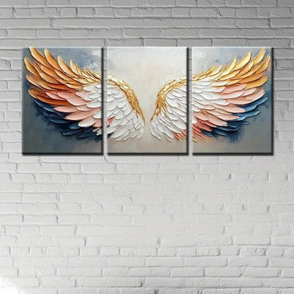 3pcs Angel Wings Golden and white Feather Design Metal Print Ready to Hang Art