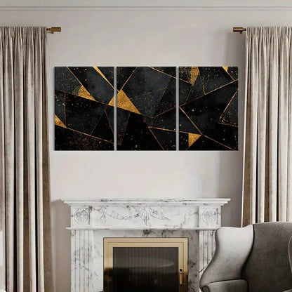 3pcs Abstract Golden Black Triangles Luxury Metal Print Ready to Hang Art