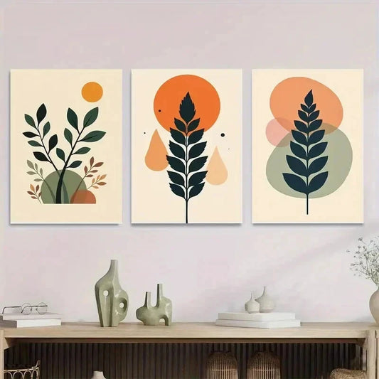 3pcs Modern Abstract Botanical Beige & Orange Wall Art Set Canvas Framed 50x70cm - High Quality Print 100% Australian Made Wall Canvas Ready to Hang