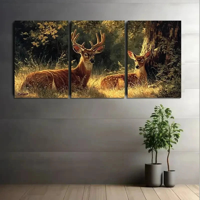 3pcs Two Deer Oil Painting Nature Scene Metal Print Ready to Hang Art