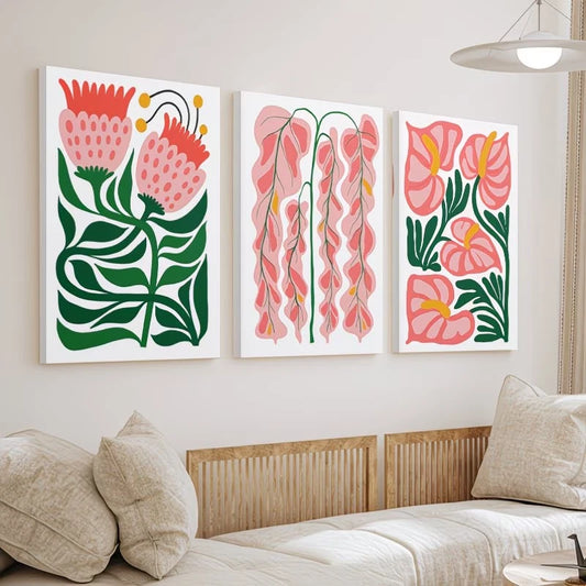 3pcs Spring Pink Flowers Botanical Wall Art Set Canvas Framed 40x60cm - High Quality Print 100% Australian Made Wall Canvas Ready to Hang