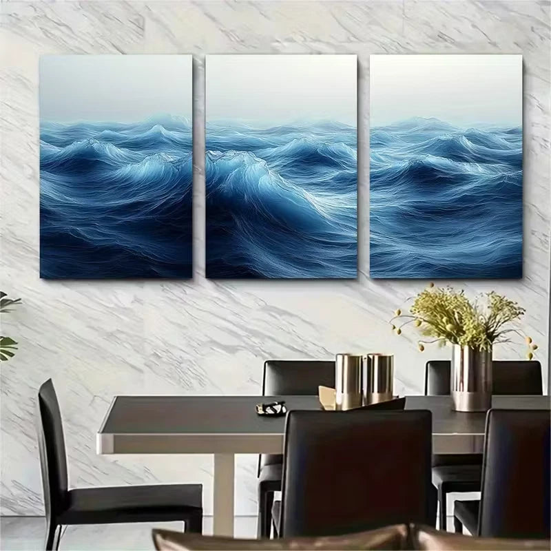 3pcs Abstract Ocean Waves Minimalist Design Metal Print Ready to Hang Art