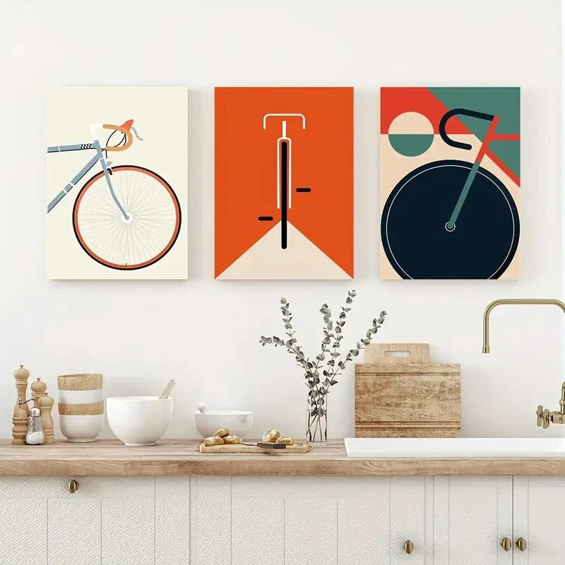 3pcs Abstract Cycling Prints with Vintage Metal Print Ready to Hang Art