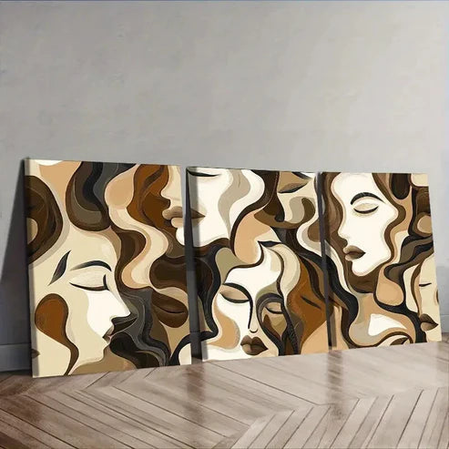 3pcs Brown and Beige Faces Wall Art Set Canvas Unframed - High Quality Print 100% Australian Made Wall Canvas