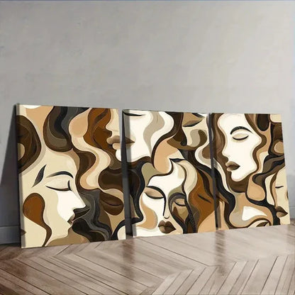 3pcs Brown and Beige Faces Wall Art Set Canvas Unframed - High Quality Print 100% Australian Made Wall Canvas