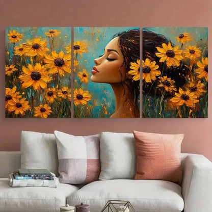 3pcs Vibrant Rudbeckia Flowers with Women Design Metal Print Ready to Hang Art