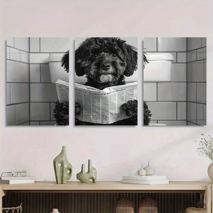 3pcs Whimsical Bernedoodle Dog Reading Newspaper Metal Print Ready to Hang Art