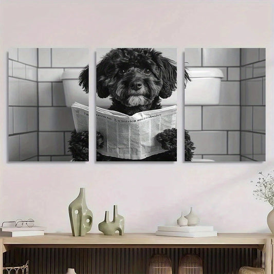 3pcs Whimsical Bernedoodle Dog Reading Newspaper Metal Print Ready to Hang Art