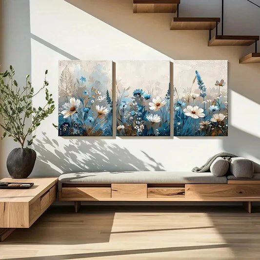 3pcs Abstract Floral Soft Blue White Flowers Metal Print Ready to Hang Art