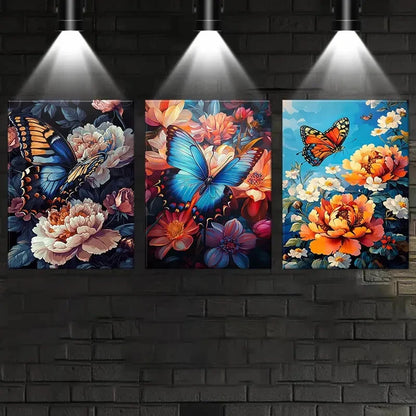 3pcs Simple Butterfly Colourful Flowers Metal Print Ready to Hang Art