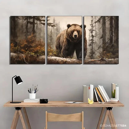 3pcs Grizzly Bear in Foggy Forest Animal Portrait Metal Print Ready to Hang Art