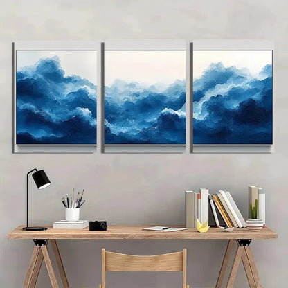 3pcs Vintage Abstract Navy Blue Cloud Sky Metal Print Ready to Hang Art