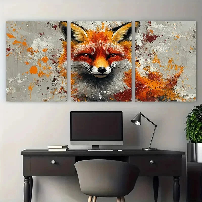 3pcs Wild Fox Splatter Vibrant Red & Orange Wall Art Set Canvas Framed 50x70cm - High Quality Print 100% Australian Made Wall Canvas Ready to Hang
